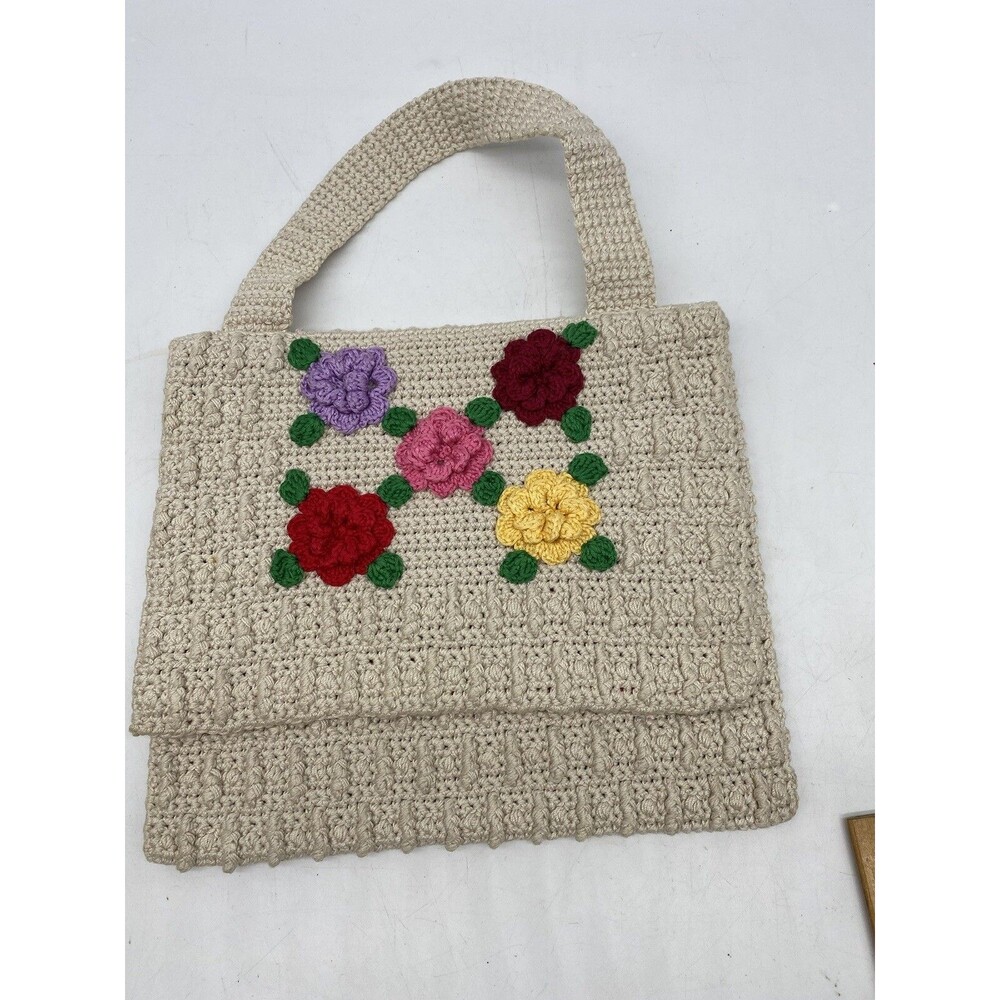 Crochet Handbag Purse Floral Cotton Tote - Handmade - Flowers 10”x8.5”